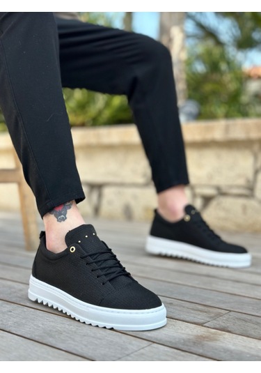 Pabucmarketi Bağcıklı Erkek Ayakkabı Siyah Beyaz Taban Renkli