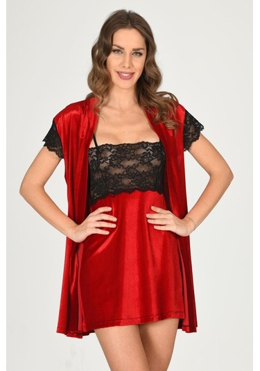 Sistina Bayan Dantelli Kırmızı Kadife Sabahlık Gecelik Takım 1428 Kırmızı