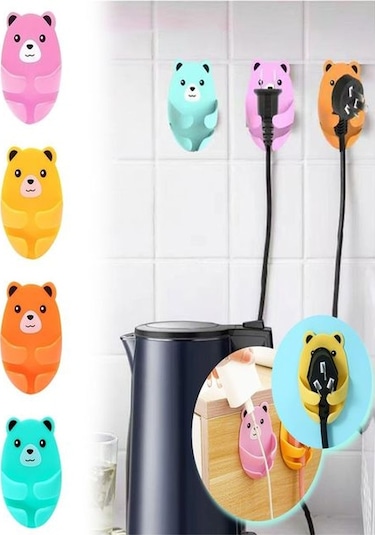 Ayıcık Desenli Çok Amaçlı 4 Lü Fiş Tutucu Kablo Tutucu Yapışkanlı