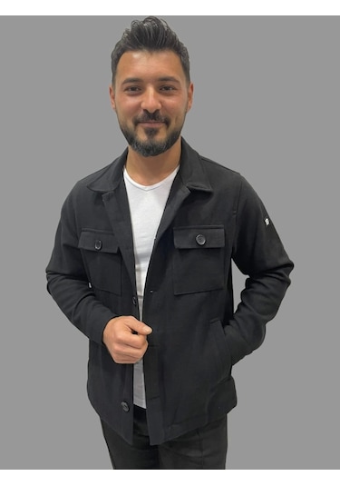 Erkek Cep Detaylı Kışlık Siyah Kaşe Gömlek Siyah