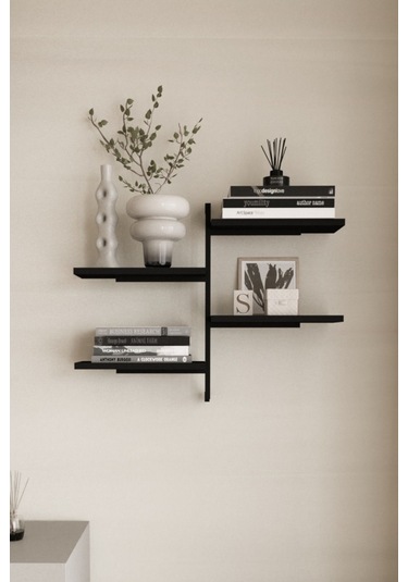 Aju 4 Katlı Duvar Rafı Metal Çerçeveli Dekoratif Kitaplık Ve Raf Ünitesi Modern Ve Minimalistt Siyah