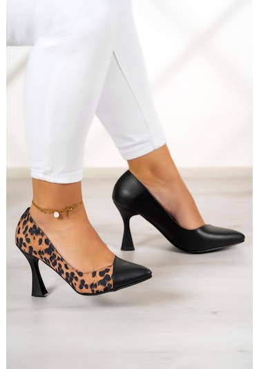 Jatqılı Plus Siyah Leopar Kadeh Topuklu Ayakkabı Leopar - Siyah