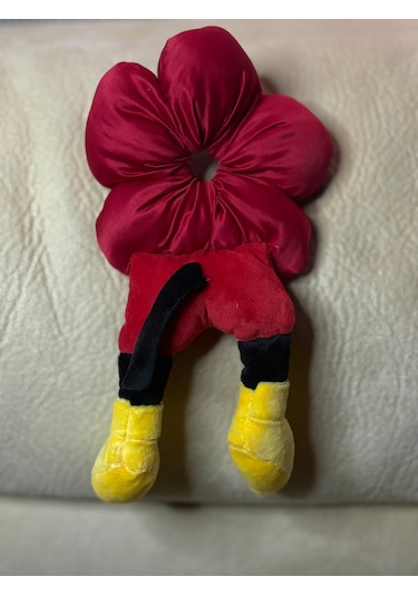 Mickeyy Mouse Figürlü Saten Puantiyeli Scrunchie Simit Toka - Çılgın Topuz Tokası Kırmızı