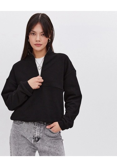 Oversize Yarım Farmuarlı Yakalı Basic Sweatshirt - Siyah Siyah