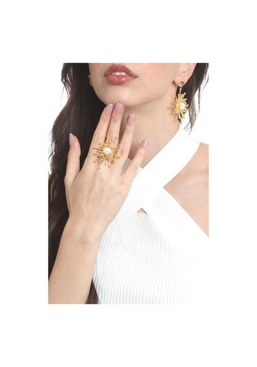 Labalaba Kadın Altın Renk Kaplama İnci Detaylı Büyük Güneş Yüzük& Küpe Seti Altın