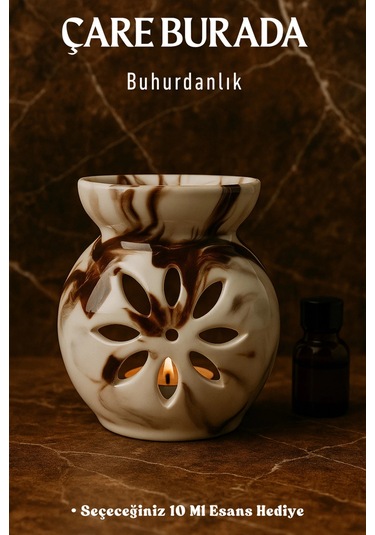 Kahverengi Mermer Desenli Buhurdanlık Seçeceğiniz 10 Ml Esans Hediye