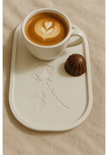 Gül Çizimli El Yapımı Dekoratif Tabak Özel Tasarım 23 X 13 Cm Beyaz