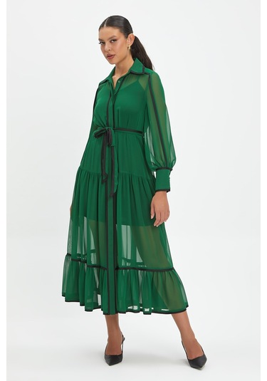 Şifon Ve Bağcıklı Midi Boy Elbise - Kontrast Şerit Detaylı - Günlük Ve Özel Günlük Şıklık Yeşil