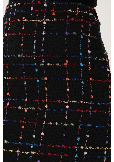 Lela Tüvit Desenli Slim Fit Yüksek Bel Mini Boy Bayan Etek 5866436 Siyah