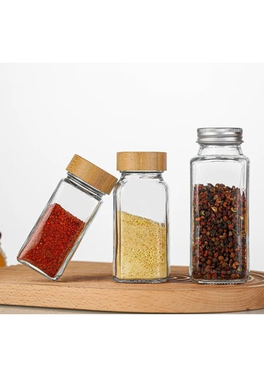 2'li Bambu Kapaklı Kare Cam Baharatlık Cam Saklama Kabı - 120ml ŞEffaf