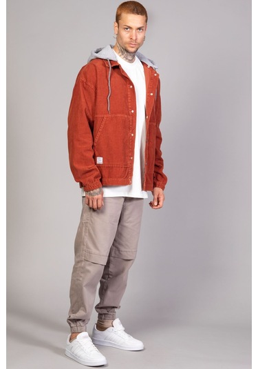 Erkek Kiremit Çıkarılabilir Kapüşonlu Oversize Pamuklu Kadife... Kiremit