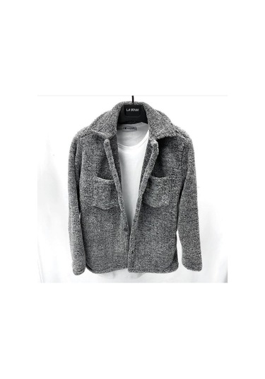 Unisex Gri Düğme Detaylı Cepli Peluş Ceket Gri