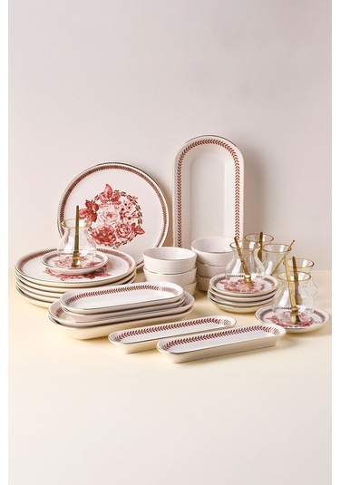 Danish Rose Yaldızlı 37 Parça 6 Kişilik Stackable Kahvaltı Takımı Ve Sunum Seti Pembe Pembe