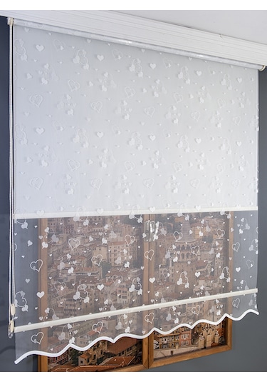 Kalp Desenli Çift Mekanizmalı Tül Stor Perde Beyaz