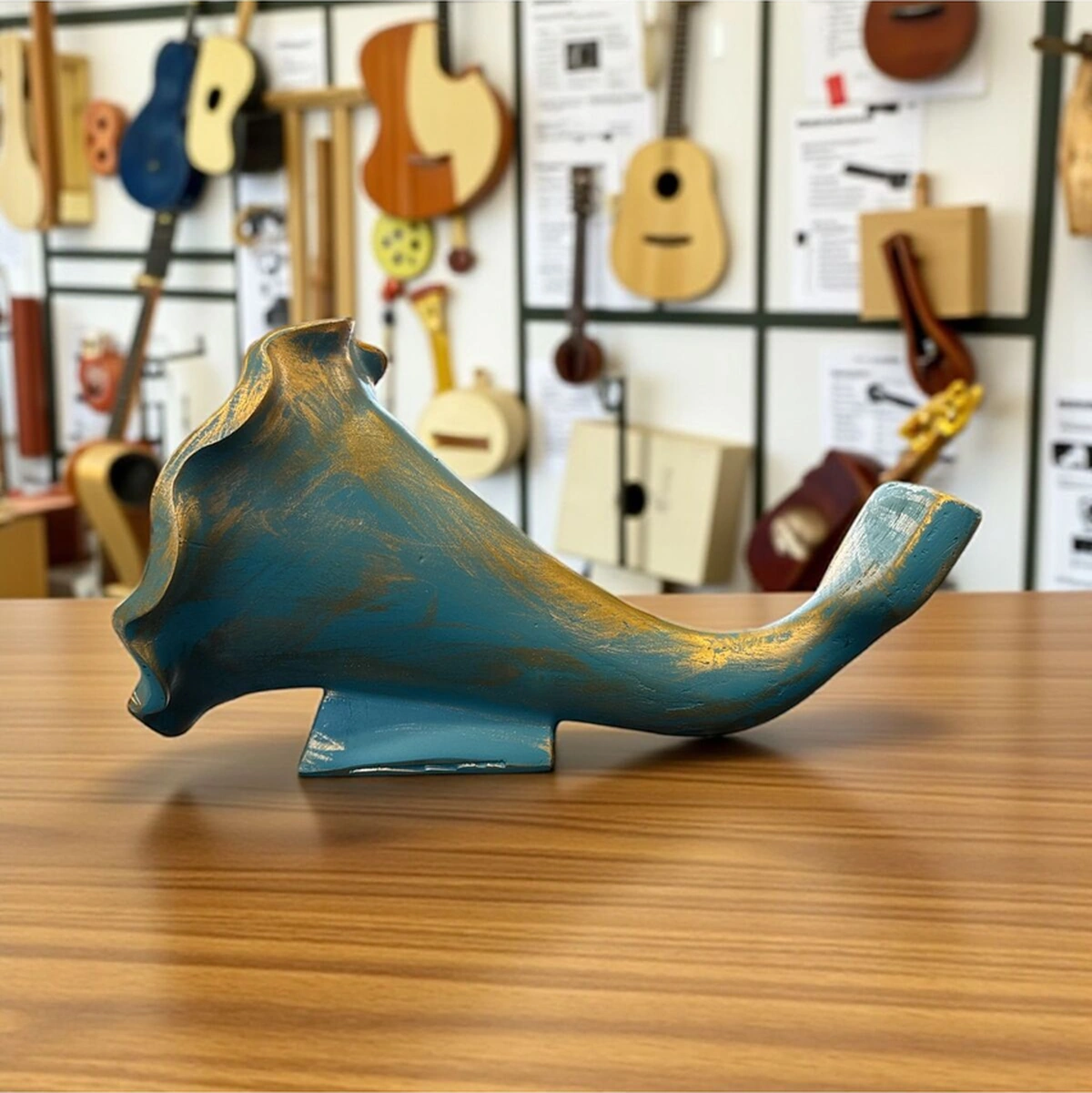 Dekoratif Polyester Akustik Gramofon Turkuaz-gold Eskitme