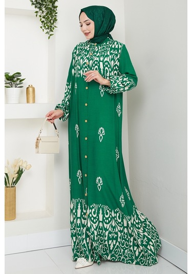 Çilay Düğmeli Dokuma Viskon Elbise 1561 - Yeşil Yeşil