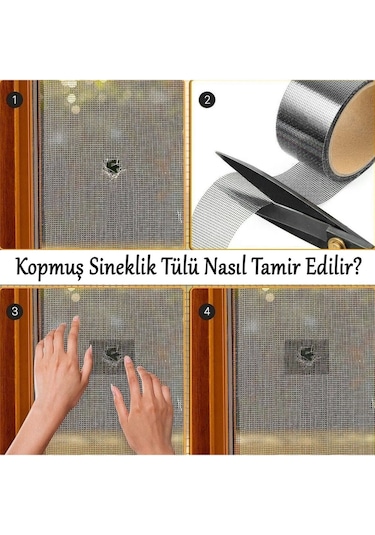 Yapışkanlı Sineklik Yaması Tülü Tamir Bandı Bantı Delik Fiber Tül Yapıştırma Gri 48 Mm X 2 Metre 2 M