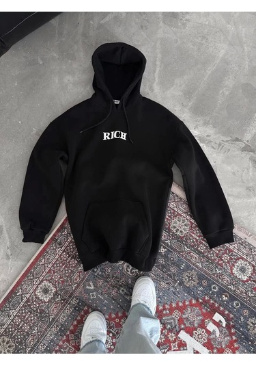 Uzun Kol Kapşonlu Göğüs Baskılı Sweatshirt - Siyah Siyah