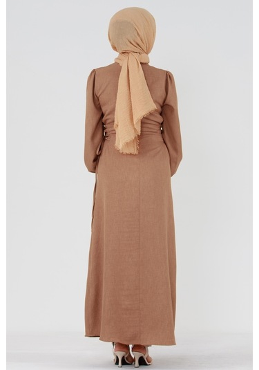 Yanı Bağcıklı Keten Elbise-vizon-3363-vizon Vizon