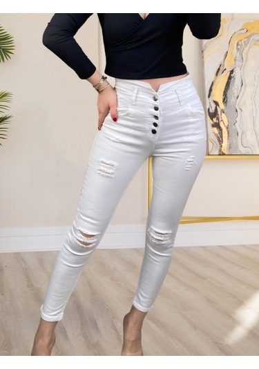 Simala 5 Düğmeli V Detay Bel Yırtık Kot Beyaz