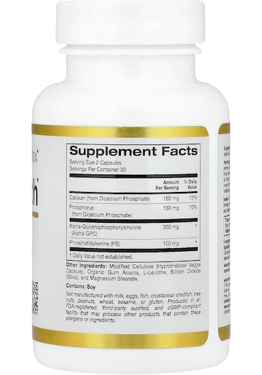 California Gold Nutrition Brain Health Alpha Glycerophosphorylcholine Memory Cognitive Calcium Phosphatidylserine 60 Veggie Caps
