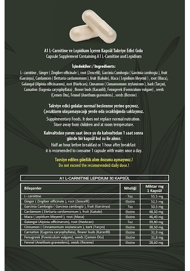 New A1 L Carnitine Lepidium Bitkisel Kapsül Blister 3 Adet Aromasız