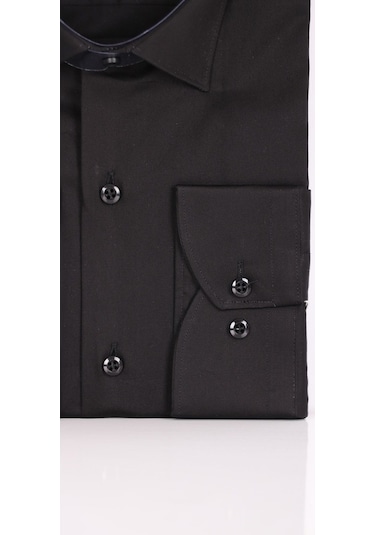 Aclassics Erkek Siyah Slim Fit Saten Pamuk Cepsiz Gömlek