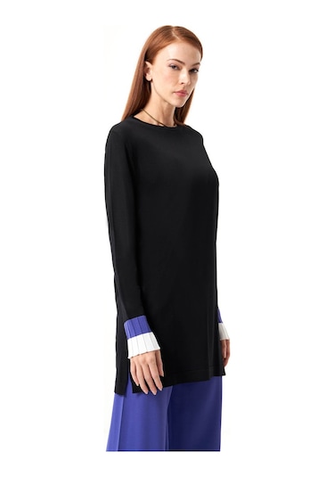 Mizalle Kol Piliseli Rayon Triko Siyah-mürdüm Tunik Siyah