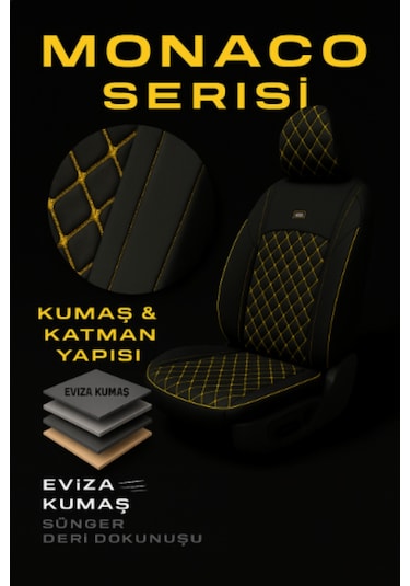 Dodge Se Nitro 2008-2010 Jeep - Ticari 2+1 Monaco Eviza Kumaş Deri Detaylı Oto Koltuk Kılıfı - Sarı Sarı