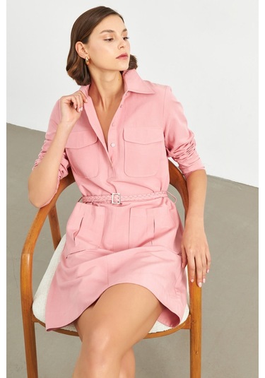 Stella Pulvis Pembe Örgü Kemerli Tunik Elbise Pembe