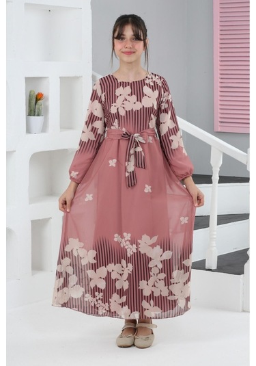 Kız Çocuk Astarlı Tam Boy Çiçek Desenli İç Göstermeyen Şık Ve Rahat Uzun Elbise Pudra