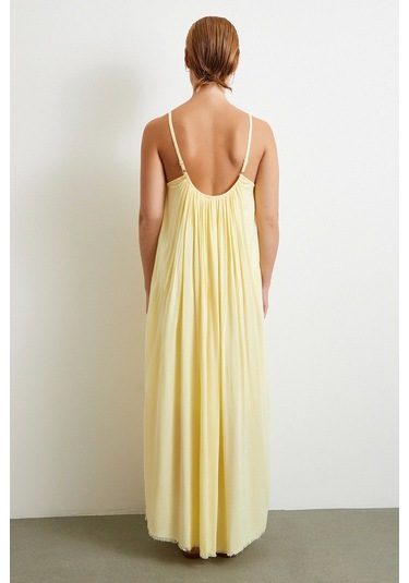 Askılı Piliseli Geniş Elbise Sarı Sarı