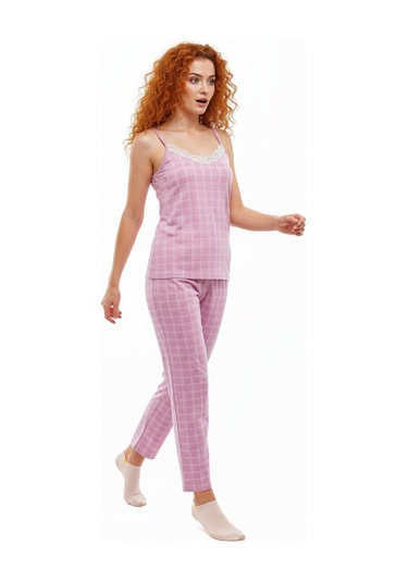 Altı Uzun Üstü Askılı Yumuşak Ekoseli Pijama Takımı Pembe Pembe