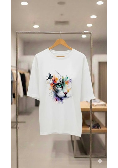 Kedi Baskılı Kuş Detaylı Oversıze T-shirt Beyaz