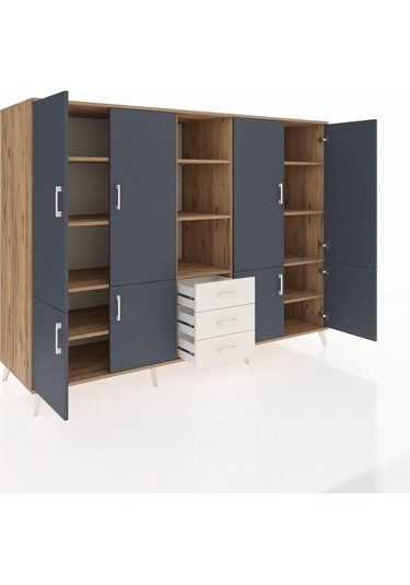 Kronos Dolap 11 Raflı 3 Çekmeceli 8 Kapaklı 220x59x163 Çam-antras Çam-antrasit/aytaşı