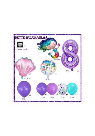 8 Yaş Deniz Kızı Temalı Doğum Günü Parti Kutlama Seti Konsept 2