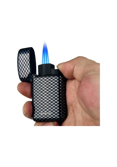 Quantoro Üç Torch Pürmüz Delicili Siyah Karbon Desenli Metal Puro Çakmağı