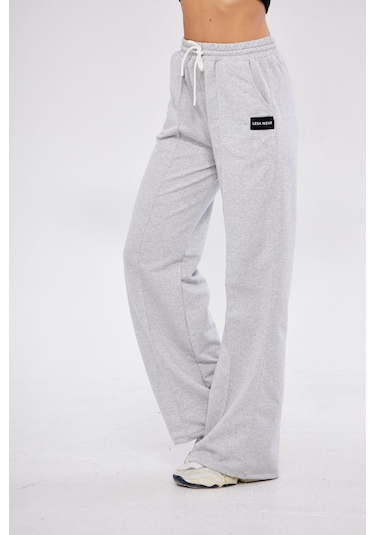 Lesa Wear Nervürlü Palazzo Pantolon Oversize Kesim Gri Melanj