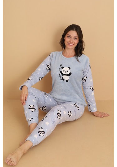 Fawn 1204 Peluş Welsoft Polar Kışlık Yumoş Panda Kadın Pijama Takımı Açık Mavi