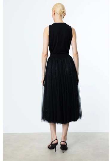 Ekol Kadın Kendinden Desenli Tül Etek 1526 Siyah Siyah