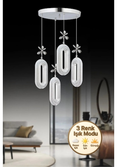 Alfa 4'lü Gümüş 3 Renk Ledli Kristal Taşlı Modern Led Avize Krom