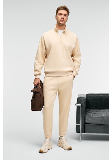 BAXTER Erkek Dik Yakalı Fermuarlı Relaxed Vanilya Sweatshirt