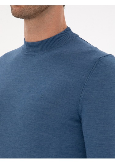 Cacharel Koyu Mavi Slim Fit Yün Karışımlı Çeyrek Balıkçı Basic Triko Kazak