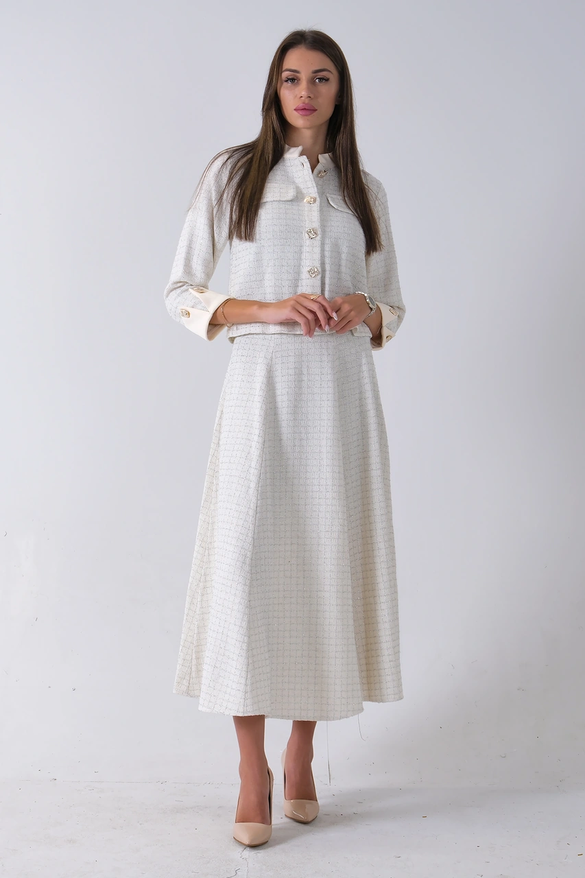 Feminist Ekru Önü Düğme Kapamalı Crop Ceket Etekli Tüvid Takım 45950601.147 Ekru