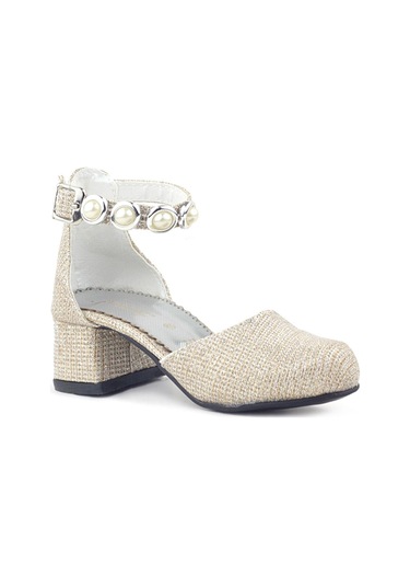 Merida Gold Simli Kalın Topuklu Taşlı Kız Çocuk Topuklu Ayakkabı Altın