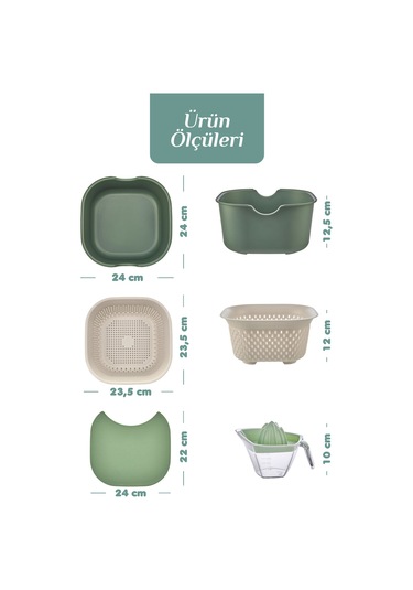9'lu Mutfak Hazırlık Seti - Standlı Kulplu Kesme Tahtası Karıştırma Kabı Kase Süzgeç Limon Sıkacağı Yeşil
