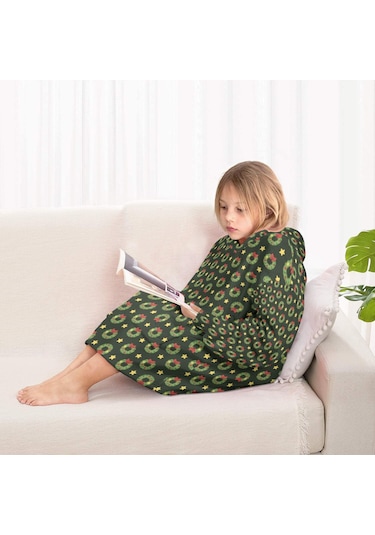 Noel Temalı 6-13 Yaş Çocuk Giyilebilir Battaniye Hoodie, Kalın Peluş, Büyük Boy-a25 Krem - Pembe