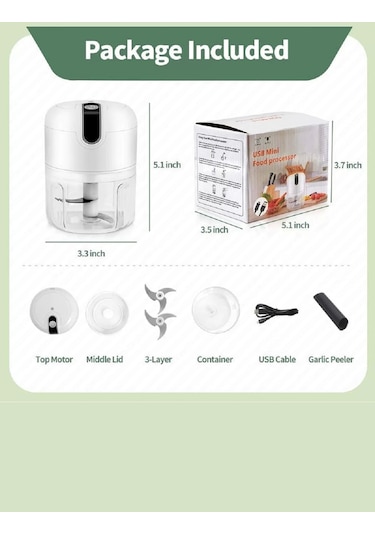 2'li Şarjlı Mini El Rondosu Çelik 3 Bıçaklı 250 Ml Mutfak Robotu Hazneli Sebze Et Doğrayıcı Rende