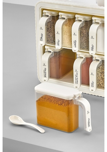 Kitchen Life 12'li Bej Standlı Kendinden Yapışkanlı Kaşıklı Standlı Baharatlık Takımı - Kapak Etiketli Baharatlık Bej