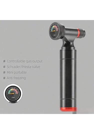 Vkemall Bisiklet İçin Co2 Şişirici - Presta Ve Schrader Valfler İçin Uyumlu - Basınç Ölçerli - Taşınabilir - Siyah Gaz Silindiri Dahil Değil